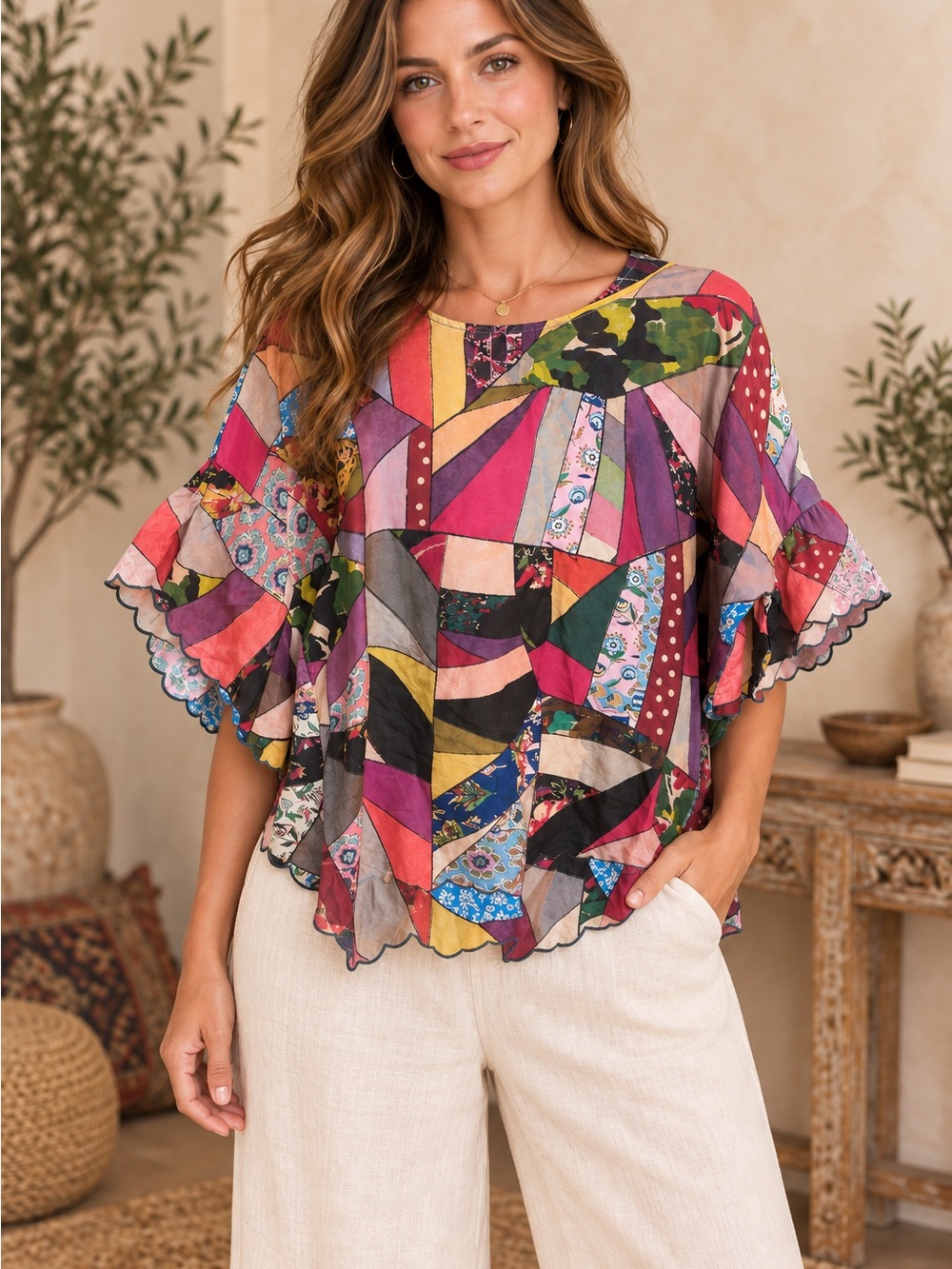 Johnny Was 100% Silk Multicolor Patchwork Ruffle Sleeve Blouse 🌼 🦋